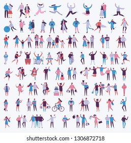 Vector illustration in a flat style of different activities people jumping, dancing, walking, couple in love, doing sport in flat style 
