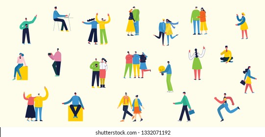 Vector illustration in a flat style of different activities people jumping, dancing, walking, couple in love, doing sport in flat style 