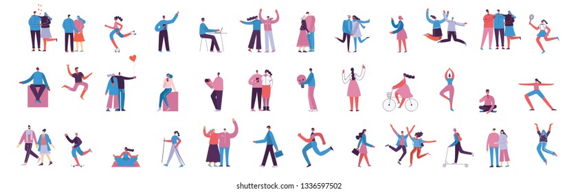 Vector illustration in a flat style of different activities people jumping, dancing, walking, business, couple in love, doing sport, have party.