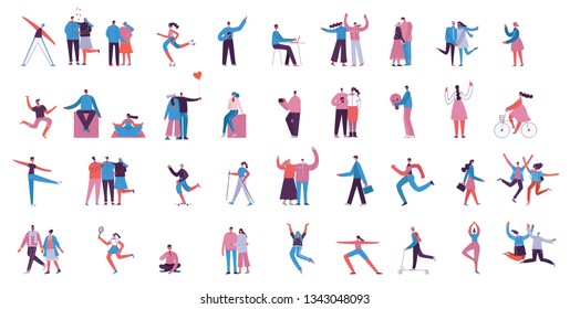 Vector illustration in a flat style of different activities people jumping, dancing, walking, business, couple in love, doing sport, have party.