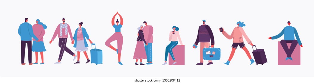 Vector illustration in a flat style of different activities people jumping, traveling, dancing, walking, business, couple in love