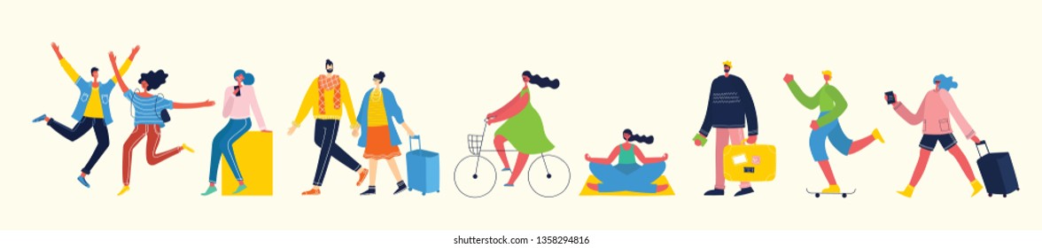 Vector illustration in a flat style of different activities people jumping, traveling, dancing, walking, couple in love, doing sport, have party