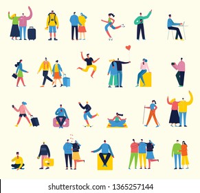 Vector illustration in a flat style of different activities people jumping, travel, dancing, walking, business, couple in love, doing sport, have party