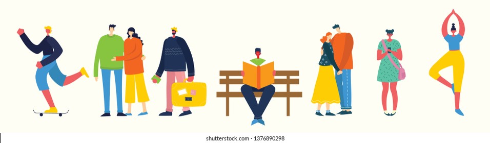 Vector illustration in a flat style of different activities people jumping, with smarthones, travel, dancing, walking, reading book, doing sport and couple in love