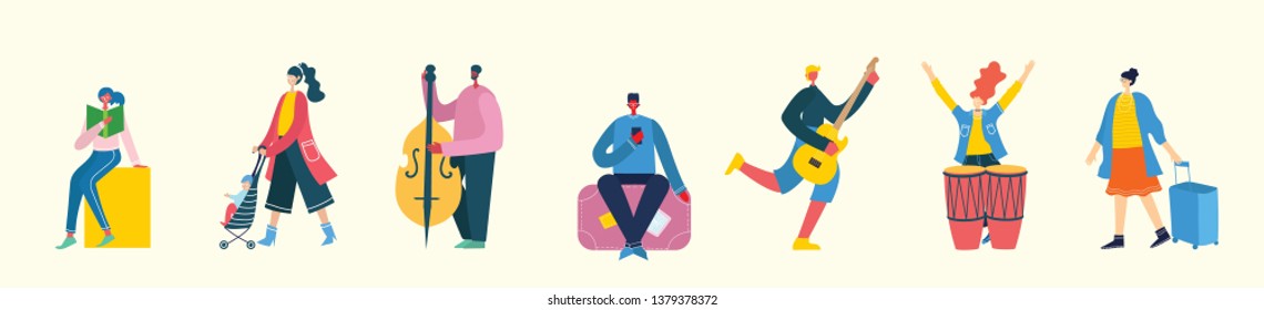 Vector illustration in a flat style of different activities people jumping, traveling, dancing, walking, couple in love, doing sport, have party