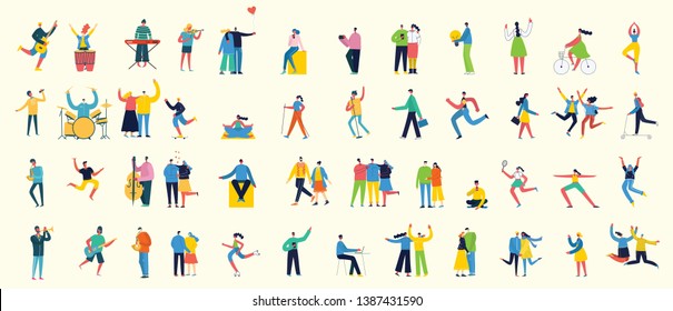 Vector illustration in a flat style of different activities people jumping, with smarthones, travel, dancing, walking, business, couple in love, doing sport, have party