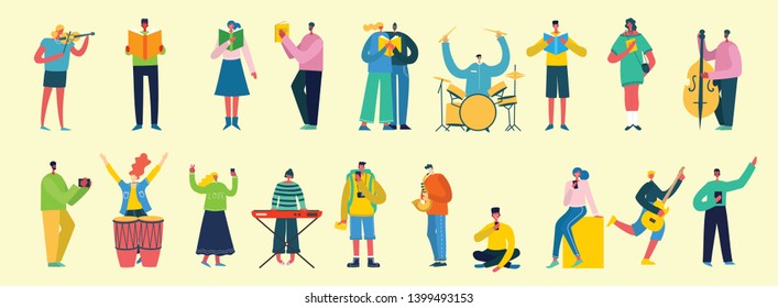 Vector illustration in a flat style of different activities people with smarthones, travelling, dancing, walking, business, reading books, playing musical instruments