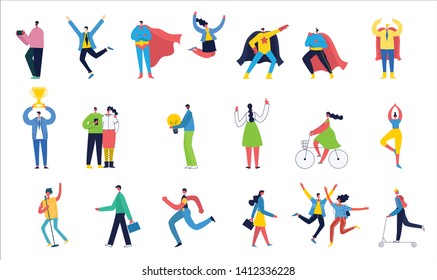 Vector illustration in a flat style of different activities people with smarthones, travelling, dancing, walking, business, reading books, playing musical instruments 