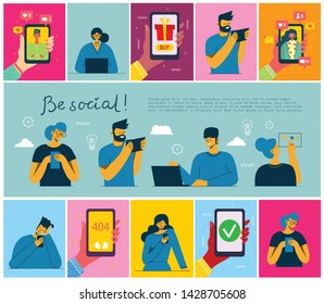 Vector illustration in a flat style of different activities people with smarthones, travelling, dancing, walking, business, reading books, playing musical instruments