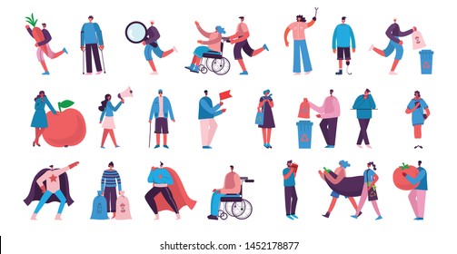 Vector illustration in a flat style of different activities people with smarthones, travelling, disabled people,walking, doing business, reading books, playing musical instruments
