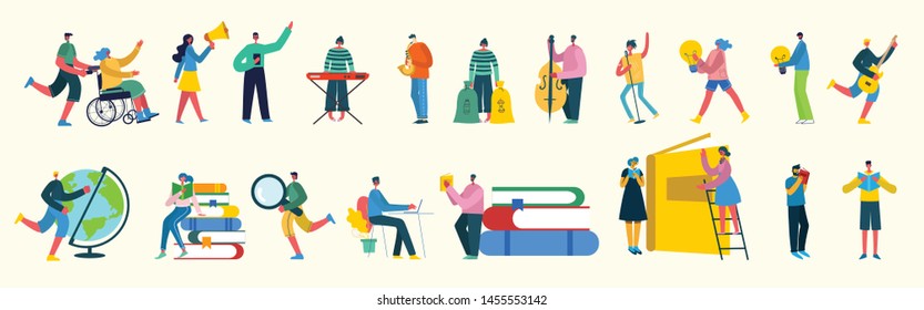 Vector illustration in a flat style of different activities people with smarthones, travelling, disabled people,walking, doing business, reading books, playing musical instruments