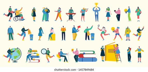 Vector illustration in a flat style of different activities people with smarthones, travelling, disabled people,walking, doing business, reading books, playing musical instruments