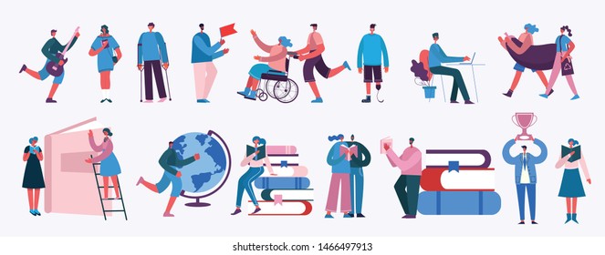 Vector illustration in a flat style of different activities people with smarthones, travelling, disabled people,walking, doing business, reading books, playing musical instruments