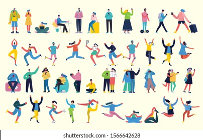 Vector illustration in a flat style of different activities people jumping, with smarthones, travel, dancing, walking, business, couple in love, doing sport, have party