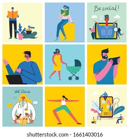 Vector illustration in a flat style of different activities people in the flat style
