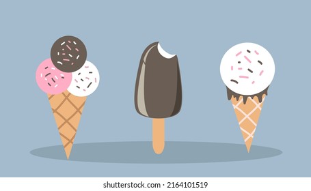 vector illustration in flat style - different types of ice cream. ice cream in a waffle cone and popsicle