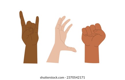 Vector illustration in flat style , different gesturing hands and different raising hands isolated on white background for different design uses.