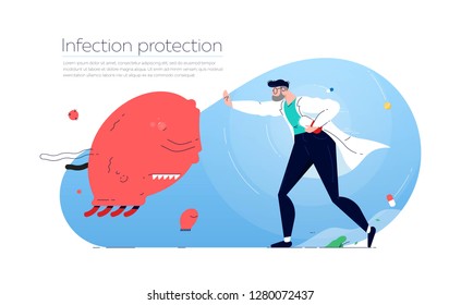 Vector illustration in flat style with a doctor who counters viruses
