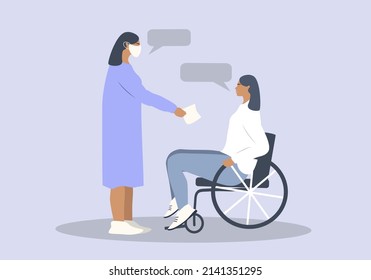 vector illustration in flat style - doctor consulting a woman, who  use a wheelchair