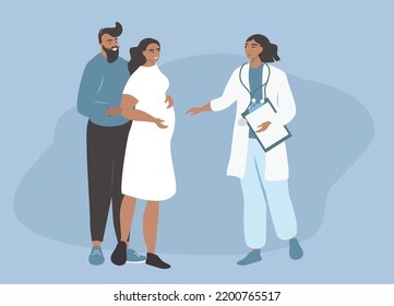 vector illustration in flat style - a doctor consults a pregnant woman and her husband