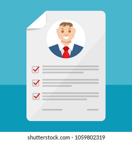 Vector illustration in a flat style. Document with personal data, application for employment, professional resume.