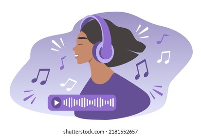 ilustración vectorial en estilo plano, doodle. chica escuchando música con auriculares