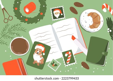 vector illustration in a flat style, doodle on the theme of preparing for christmas. postcards, notepads, cones, cozy coffee