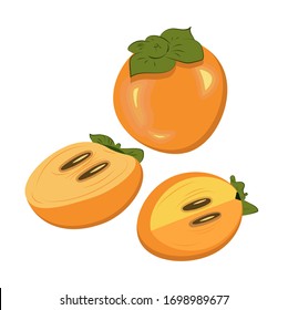  Ilustración vectorial. Dibujo de estilo plano.Persimmon. Fruta anaranjada entera y en dos cortes. postre exótico. dieta de frutas