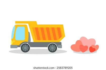 vector illustration in flat style. dump truck and hearts, likes. theme of Valentine's Day, love, falling in love.