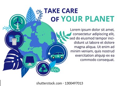 Vector illustration in flat style. Earth globe with electric car. Save the planet, save energy, the concept of the Earth day. Can use for website, banners and brochure.