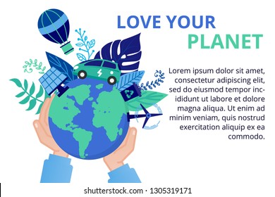 Vector illustration in flat style. Earth globe with electric car, alternative renewable energy. solar energy, technological solar panels. schedule design environmental resource. Ecology concept