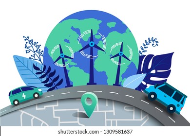  Ilustración vectorial en estilo plano. Planeta terrestre con camiones eléctricos, renovables alternativos. planificar el recurso medioambiental de diseño. Ecología y futura tecnología - concepto de carretera eléctrica.