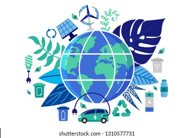 Vector illustration in flat style. Earth globe with electric car. Save the planet, save energy, the concept of the Earth day. Can use for website, banners and brochure.