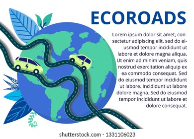 Vector illustration in flat style. Earth globe with electric cars and roads, alternative renewable. environmental resource. Ecology and future  technology - electrical road concept.