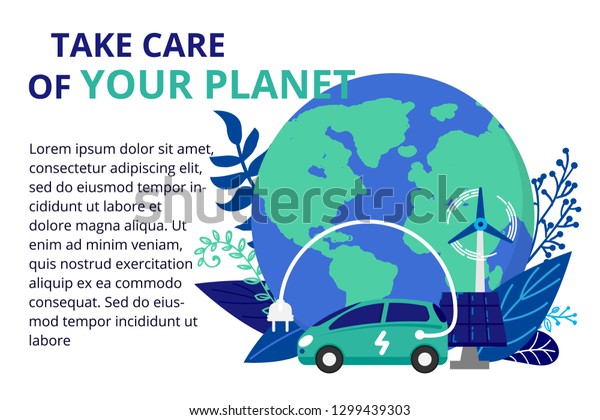 Vector illustration in\
flat style. Earth globe with electric car. Save the planet, save\
energy, the concept of the Earth day. Can use for website, banners\
and brochure.