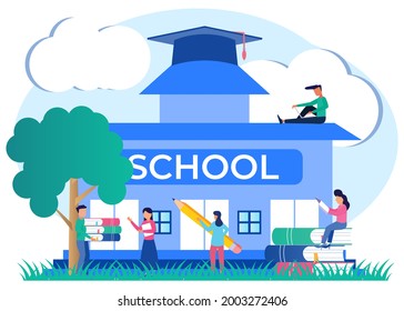 Vector illustration of flat style education concept with student and student characters and book icons around the school building. Start lessons early in the day.