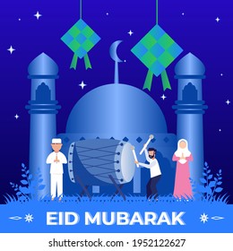 Vector illustration of flat style eid mubarak greeting concept. With character activity people fasting rejoice, Suitable for web landing pages, ui, mobile apps, banner templates.