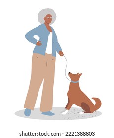 vector illustration in flat style. elderly woman walking the dog