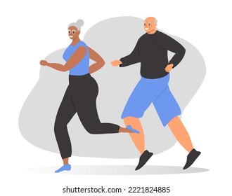 vector illustration in flat style. elderly couple running