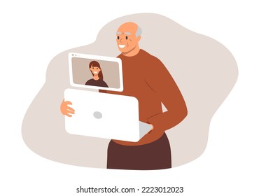 vector illustration in flat style. elderly man with laptop communicates with granddaughter online