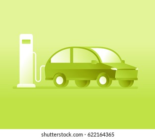 Vector illustration in flat style - electric car charging battery near station - ecology green concept - clean and eco-friendly  transport