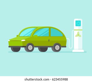 Vector illustration in flat style - electric car charging battery near station - ecology green concept - clean and eco-friendly  transport