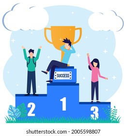 Vector illustration of flat style employee standing on podium in first, second and third place. the winner gets a prize as the best worker.
