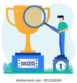 Vector illustration of flat style employee standing on podium in first, second and third place. the winner gets a prize as the best worker.