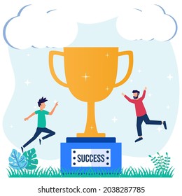 Vector illustration of flat style employee standing on podium in first, second and third place. the winner gets a prize as the best worker.