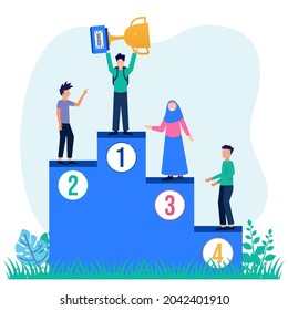 Vector illustration of flat style employee standing on podium in first, second and third place. the winner gets a prize as the best worker.