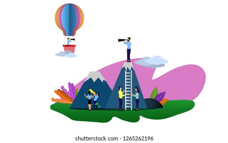  Vector illustration, flat style ,Employees find ways to bring them to the goal, Employees use a telescope to search for a target from a peak, Looking for goals on the top of the hill and on the .   