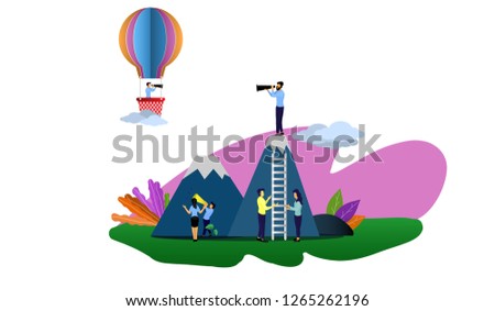  Vector illustration, flat style ,Employees find ways to bring them to the goal, Employees use a telescope to search for a target from a peak, Looking for goals on the top of the hill and on the .   