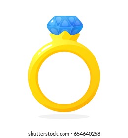 Vector illustration in flat style. Engagement gold ring with a diamond. Decoration for greeting cards, prints for clothes, infographics