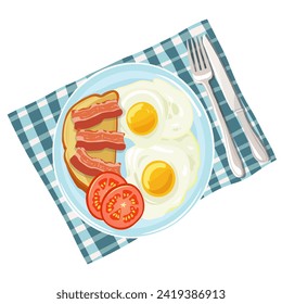 Vector illustration, flat style. English breakfast. Scrambled eggs with toast